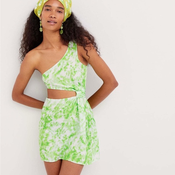 🔆 For Love And Lemons Green Tie-Dye One-Shoulder Devon Mini Dress - Picture 1 of 6